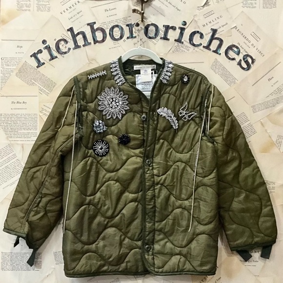 Free People X Tricia Fix Broached Liner Jacket Upcycled Reworked Olive - Picture 8 of 8